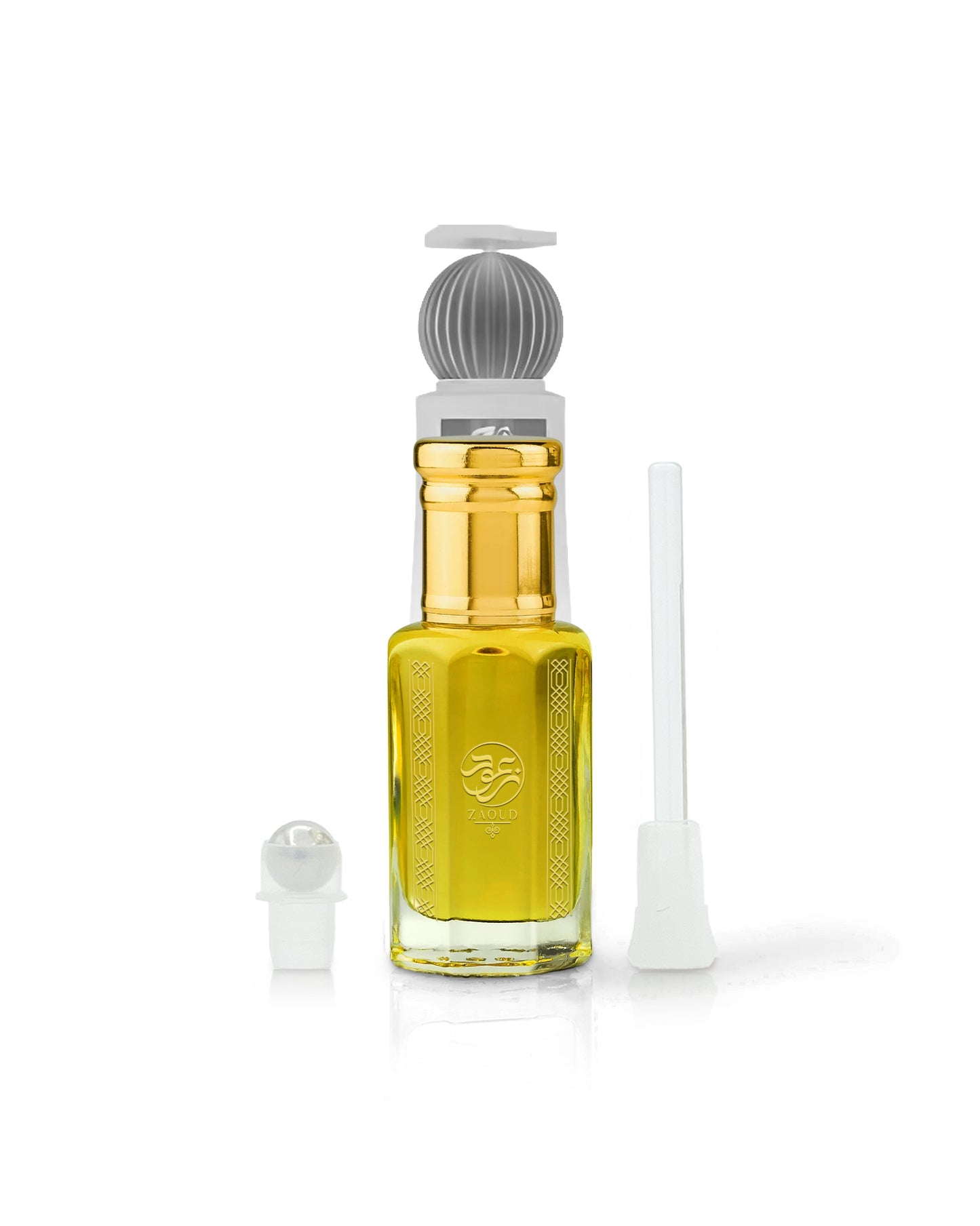 marj perfume oil bottle filled with golden yellow liquid, featuring a ribbed gray and white pump cap, shown with a white applicator wand and a small white cap on a clean white background.