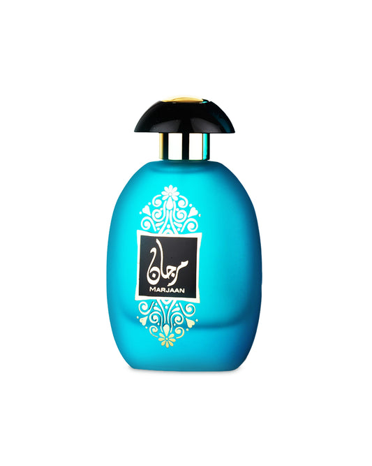 Al wataniah marjaan Blue perfume bottle with decorative label on a white background