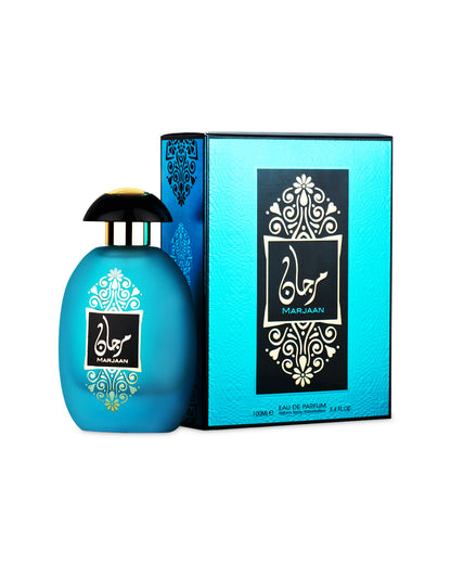 Al wataniah marjaan Blue perfume bottle and packaging with decorative elements on a white background