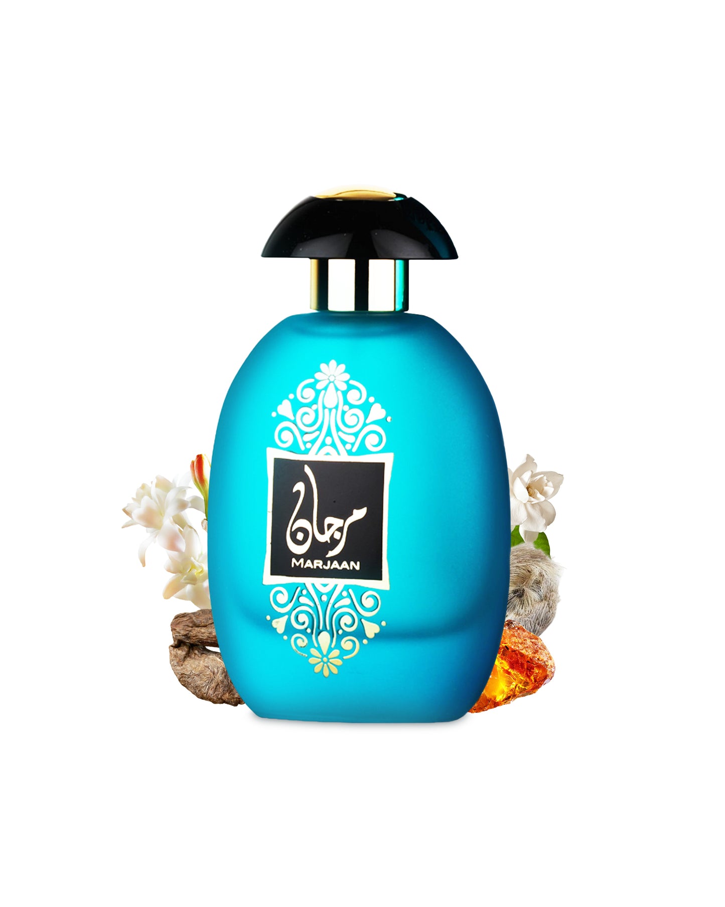 marjaan eau de parfum by al wataniah perfume bottle surrounded with its ingredients like amber and jasmine with many more shows from behind the bottle against white background