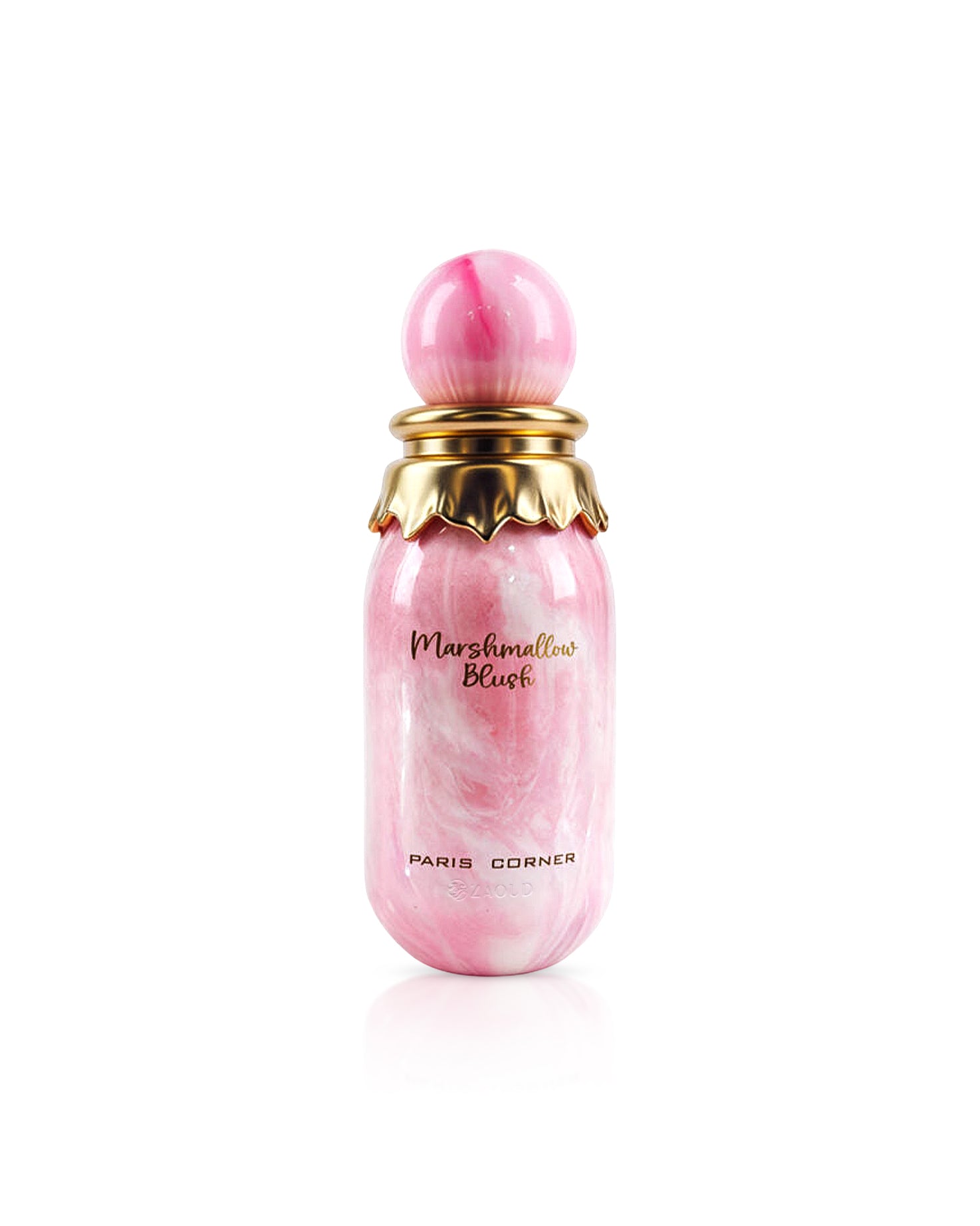 paris corner marshmallow blush perfume bottle shows against white background