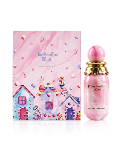 paris corner marshmallow blush perfume bottle shows beside its box against white background