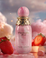 paris corner marshmallow blush perfume bottle photograph over reflected surface beside fresh red strawberries.