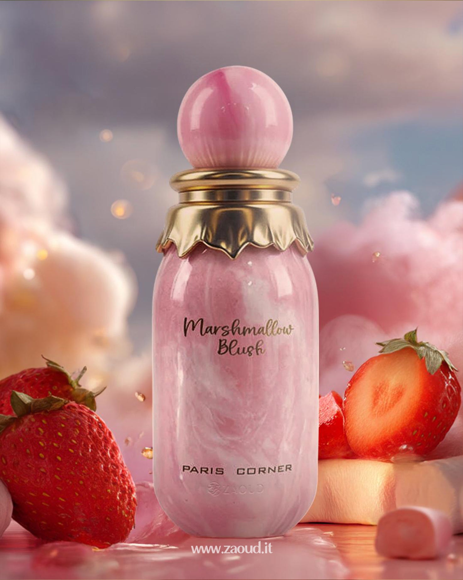 paris corner marshmallow blush perfume bottle photograph over reflected surface beside fresh red strawberries.