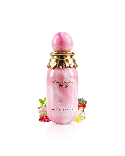 paris corner marshmallow blush perfume bottle surrounded with fragrance notes like strawberry and marshmallow shows against white background