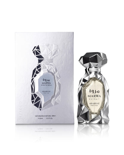 marwa extrait perfume bottle shows beside its packaging against white background