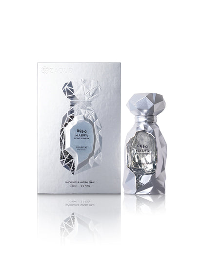marwa extrait perfume bottle shows beside its packaging against white background
