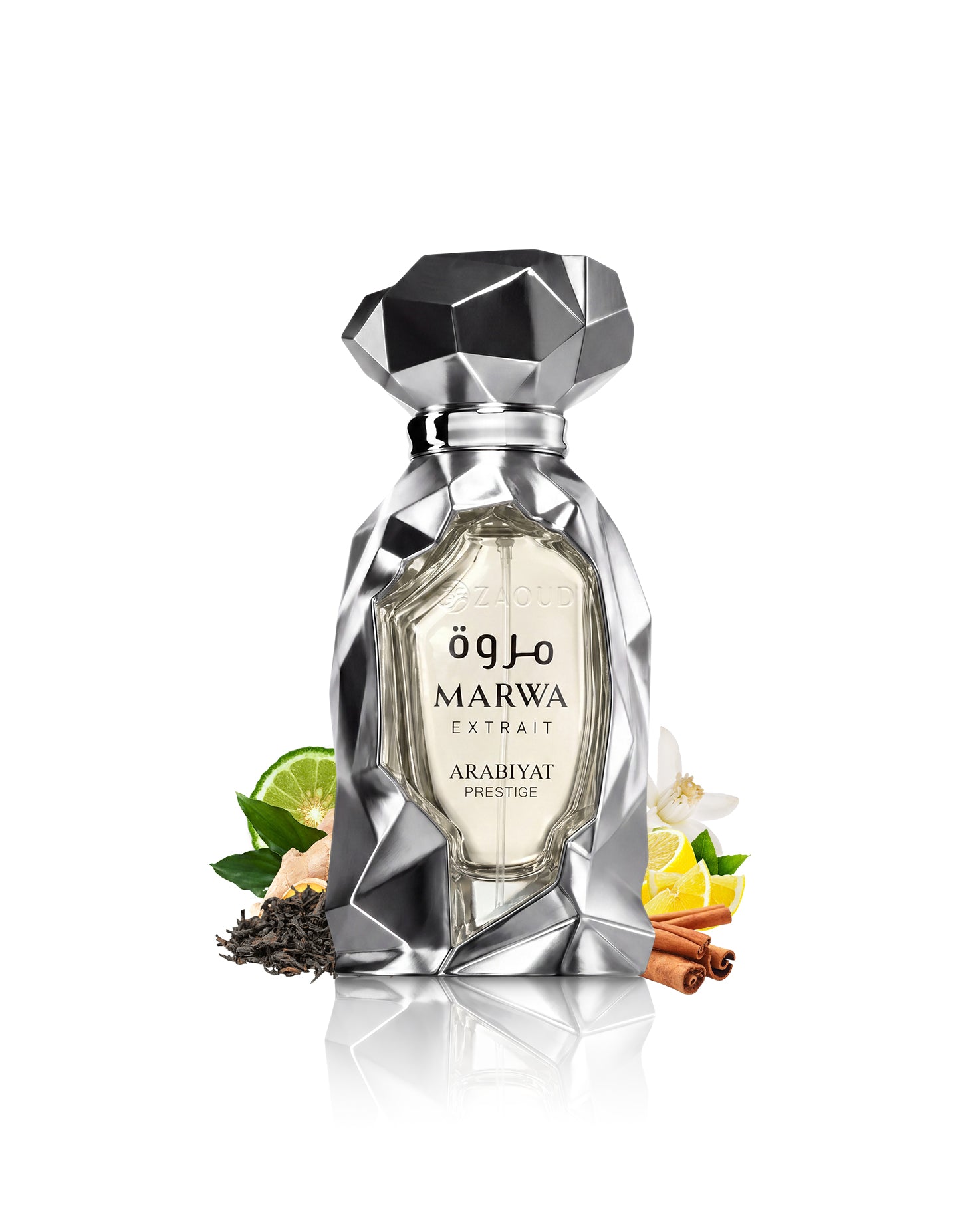 marwa extrait perfume bottle surrounded with fragrance notes like citrus and lemon shows against white background