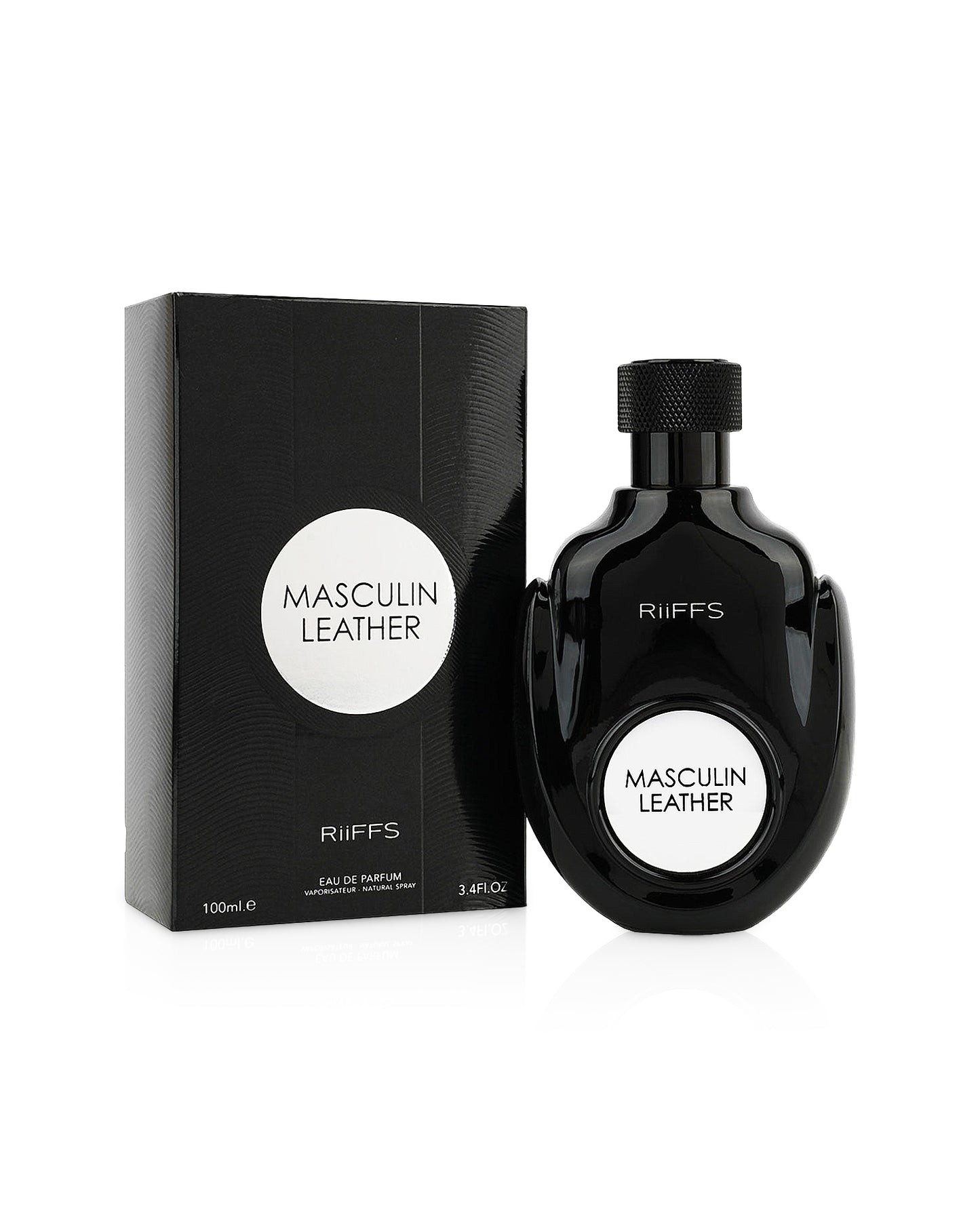 masculin leather by riiffs perfumes bottle shows beside its box against white background