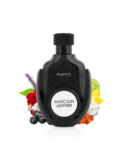 masculin leather by riiffs perfumes bottle surrounded with its ingredients like citrus and rose shows from behind the bottle against white background