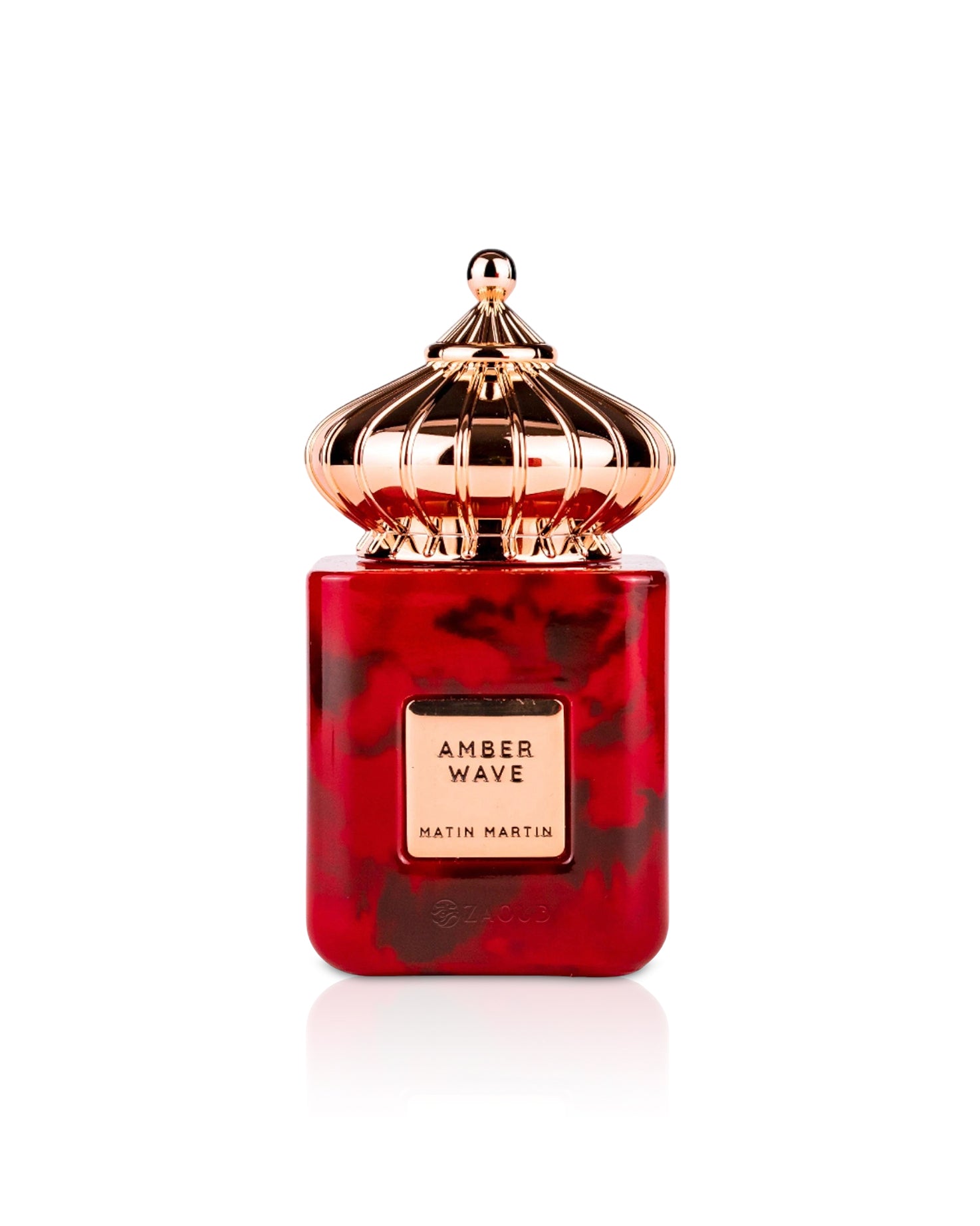 matin martin Red and gold perfume bottle with 'Amber Wave' on a white background