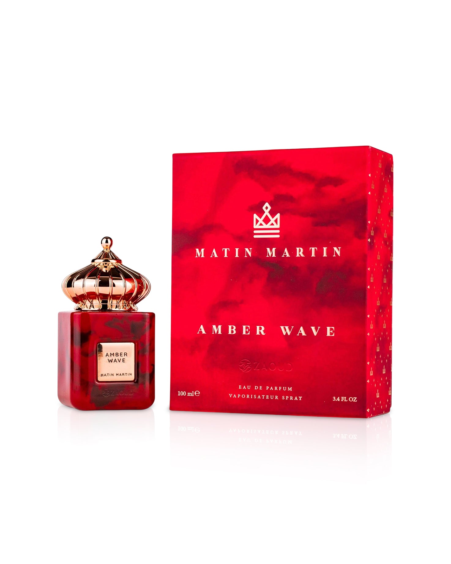 Matin Martin Amber Wave perfume bottle and packaging on a white background