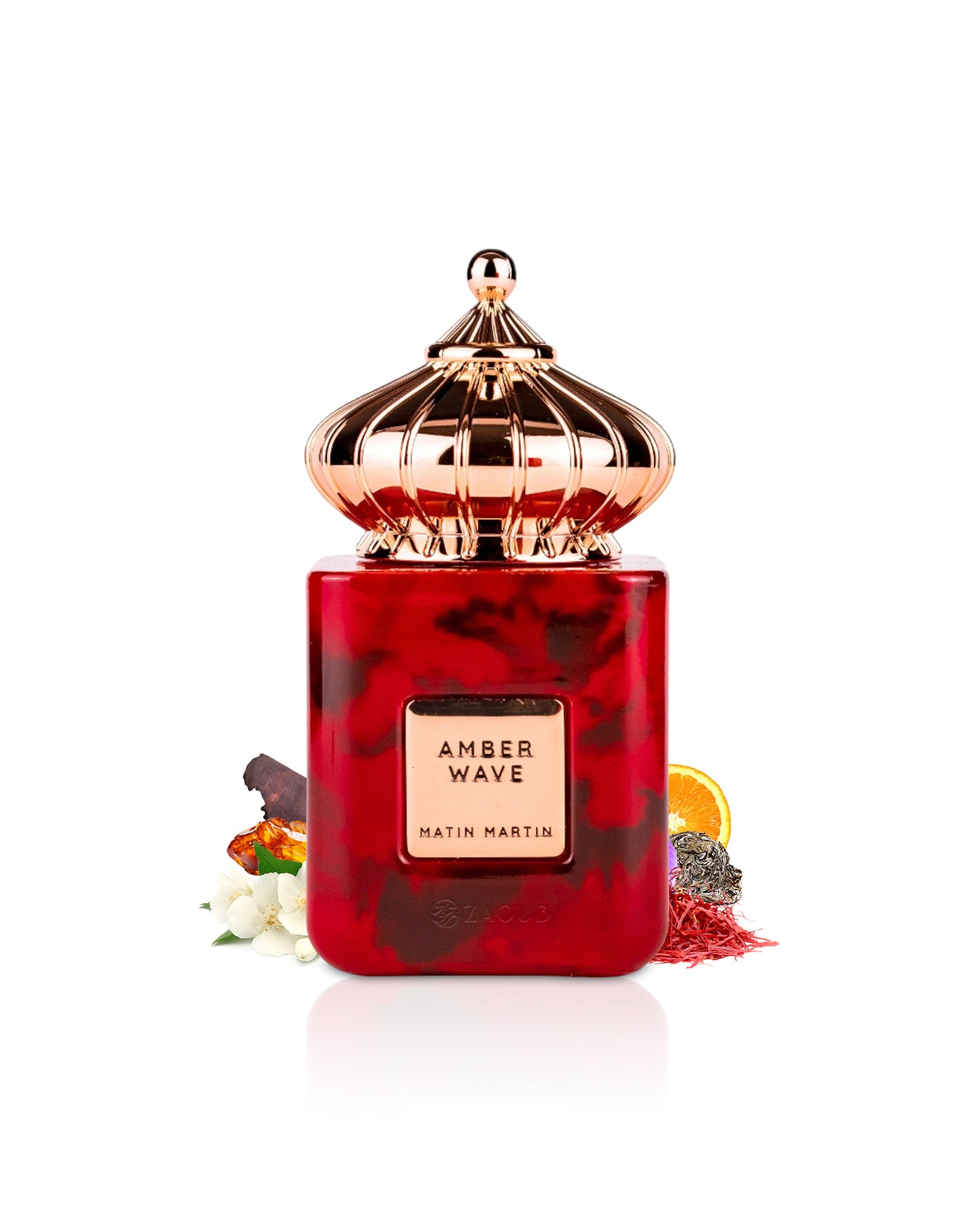 matin martin Red and gold perfume bottle with floral elements on a white background