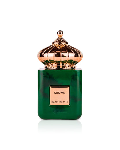 Matin Martin crown Green perfume bottle with rose gold cap on a white background
