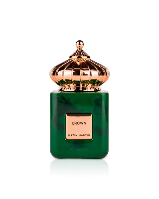Matin Martin crown Green perfume bottle with rose gold cap on a white background