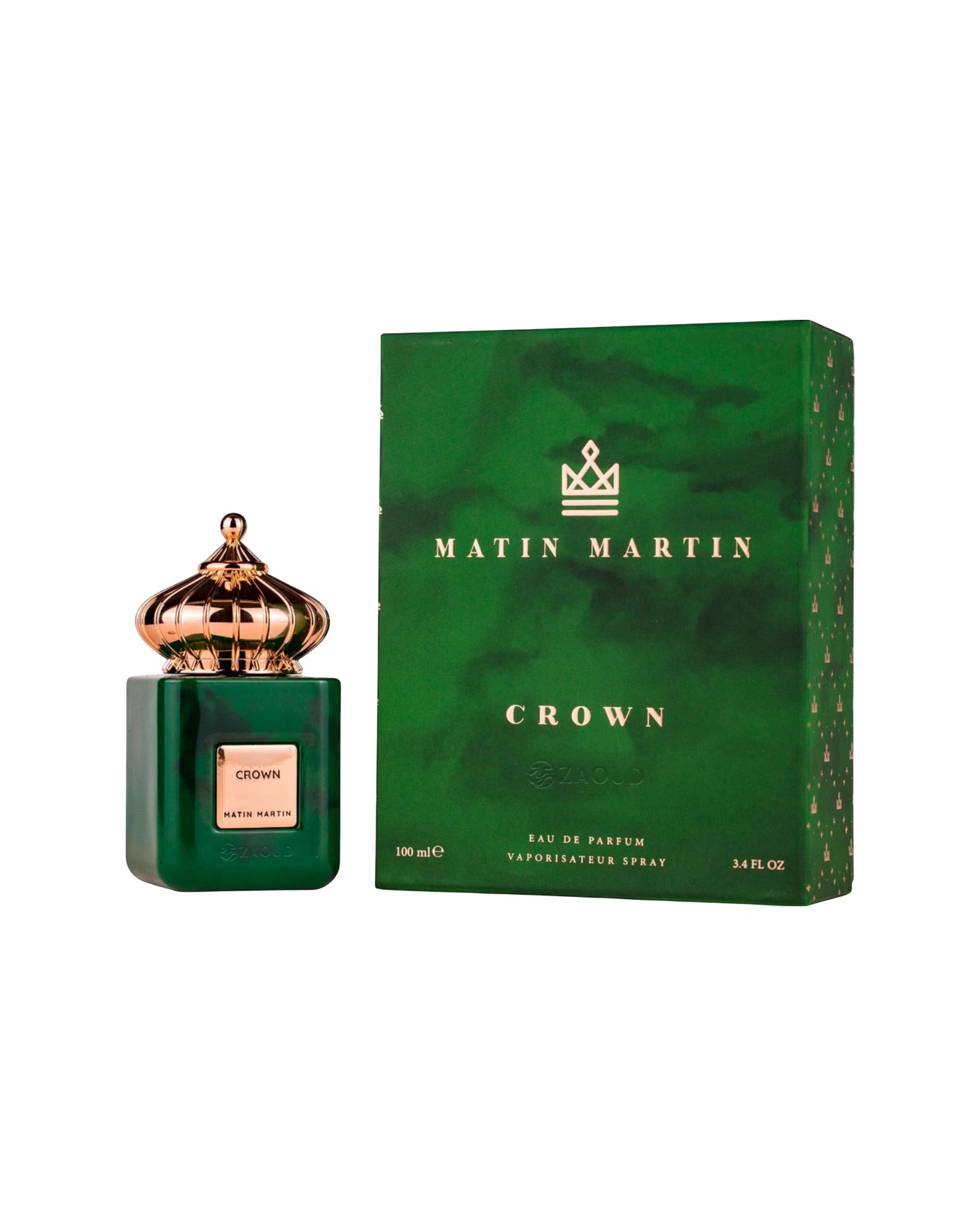 Green perfume bottle and packaging with 'Matin Martin Crown' branding on a white background