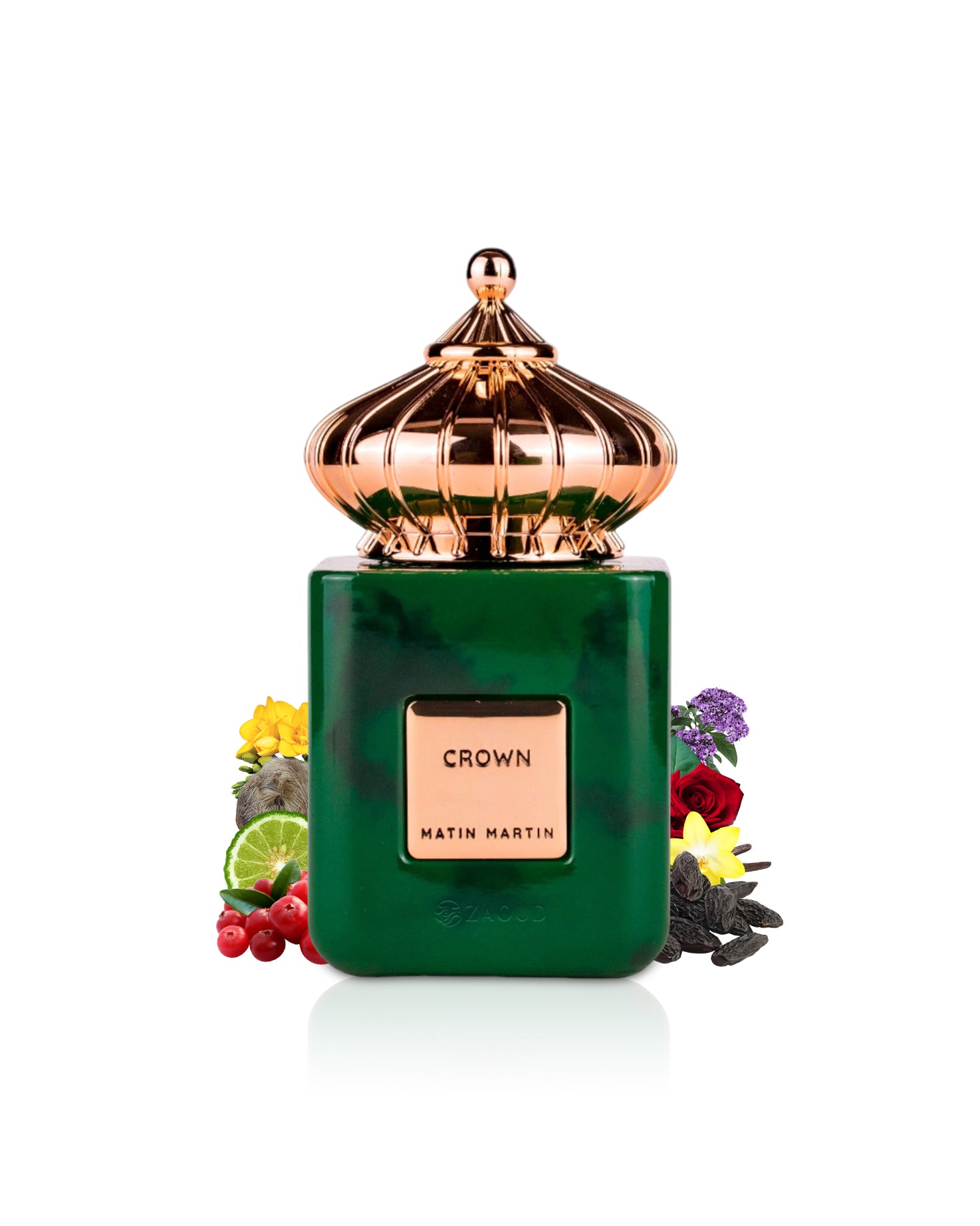 Matin Martin  Green perfume bottle surrounded by fragrance notes like vanilla and rose with gold cap and 'Crown' label on a white background