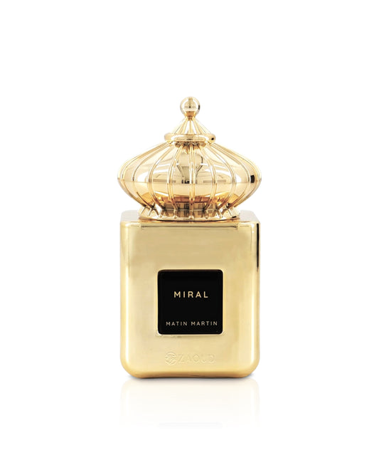 matin martin Gold perfume bottle with 'Miral' branding on a white background