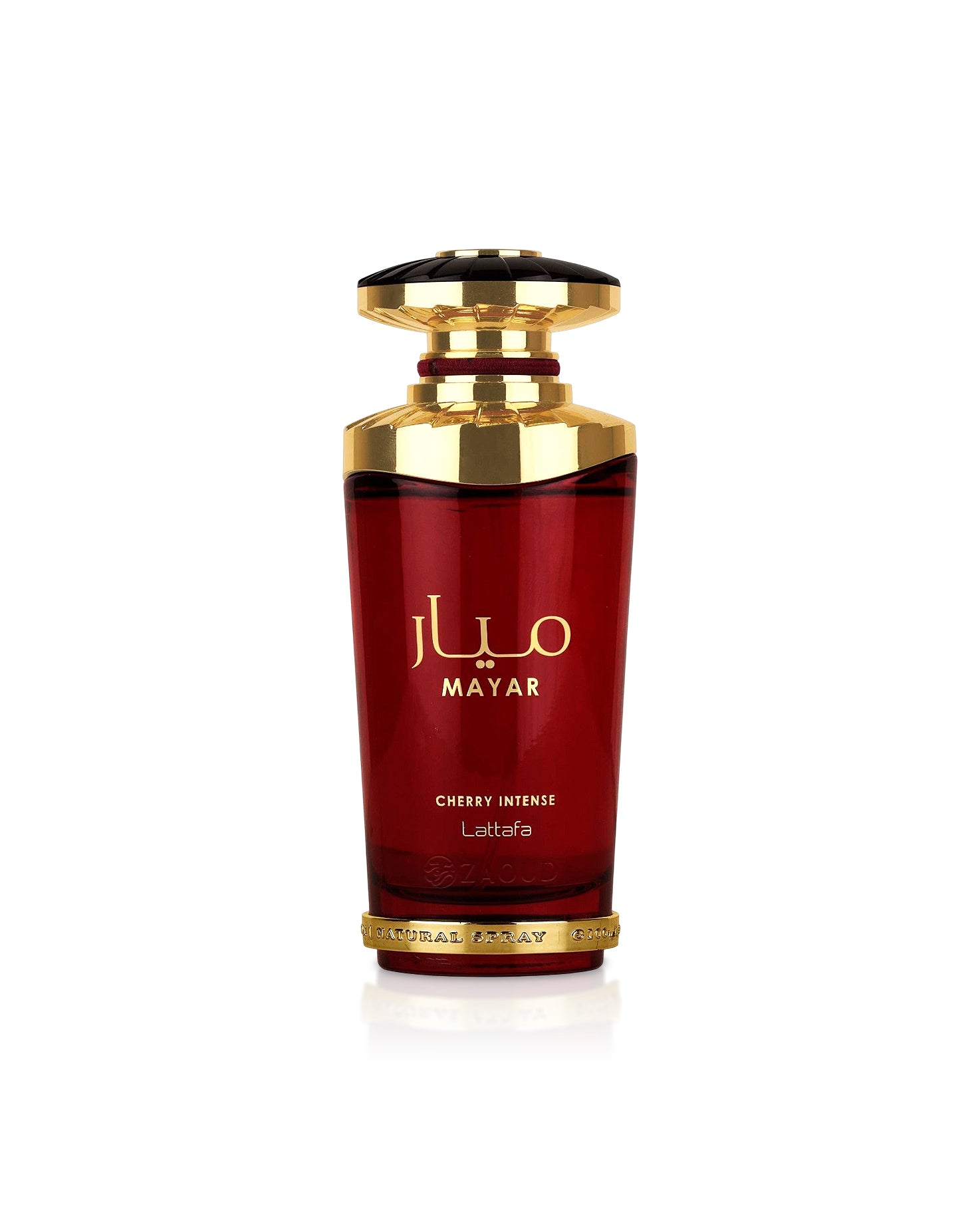 lattafa mayar cherry intense Red perfume bottle with gold cap on a white background
