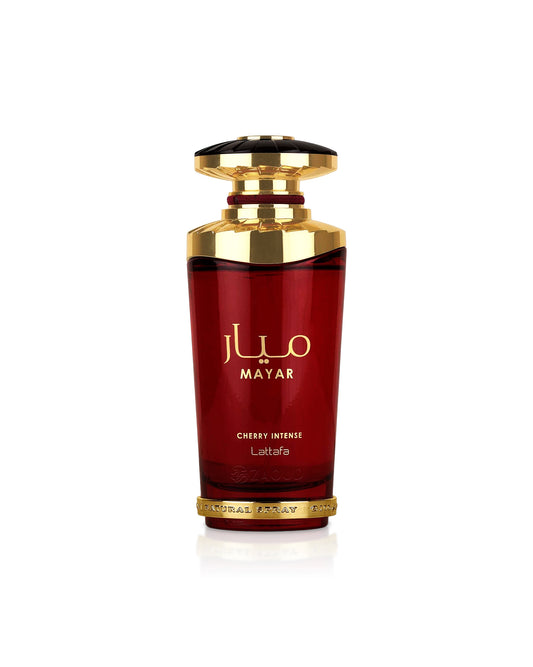 lattafa mayar cherry intense Red perfume bottle with gold cap on a white background
