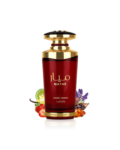 lattafa mayar cherry intense perfume bottle surrounded with fragrance notes like strawberry and cacao shows against white background