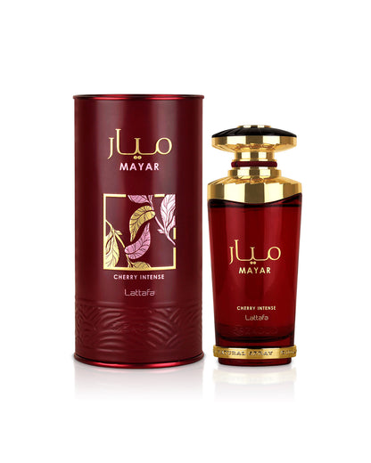 lattafa mayar cherry intense perfume bottle shows beside its box against white background