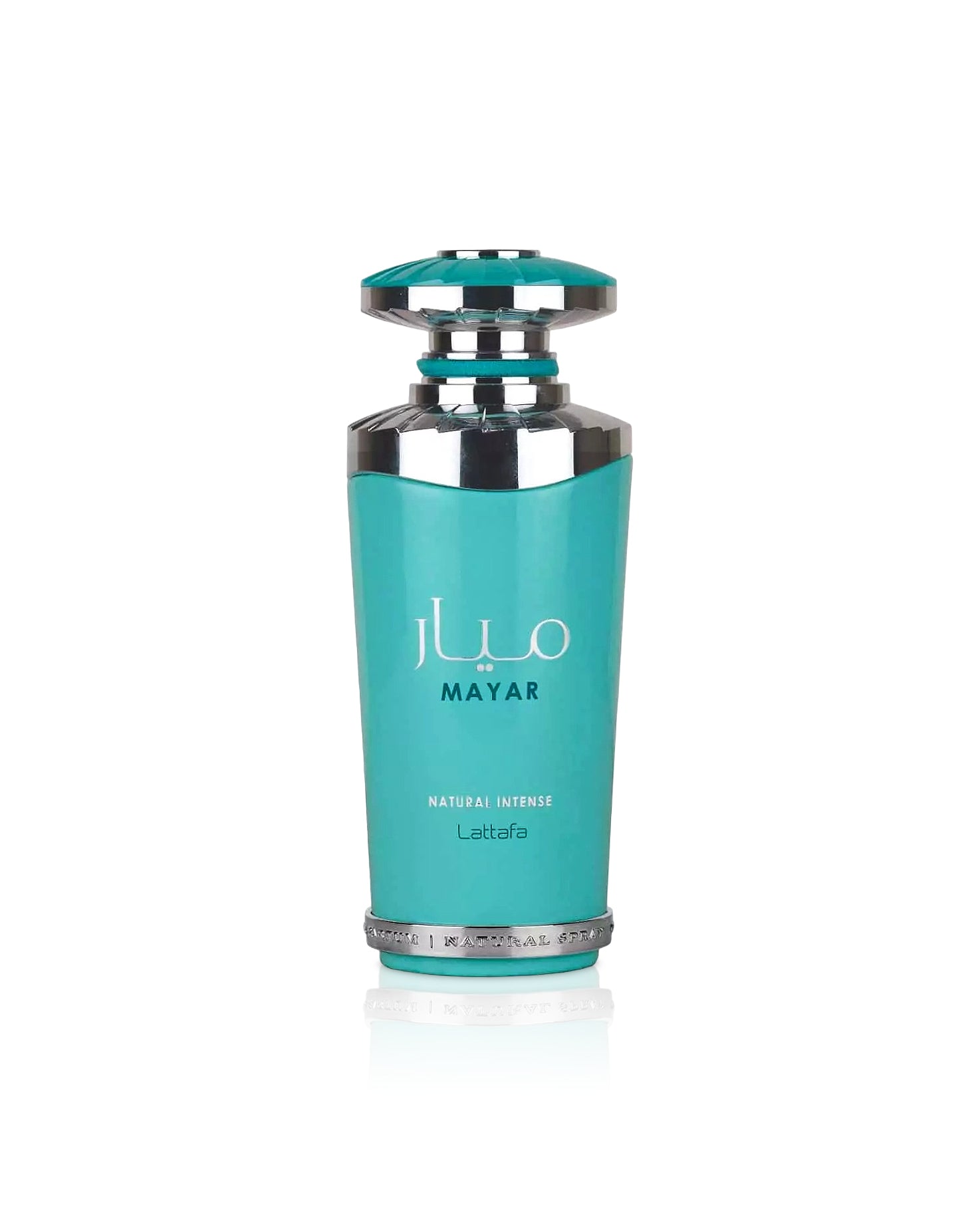 lattafa mayar natural intense Turquoise bottle with silver cap on a white background