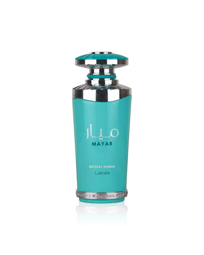 lattafa mayar natural intense Turquoise bottle with silver cap on a white background