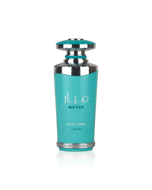 lattafa mayar natural intense Turquoise bottle with silver cap on a white background