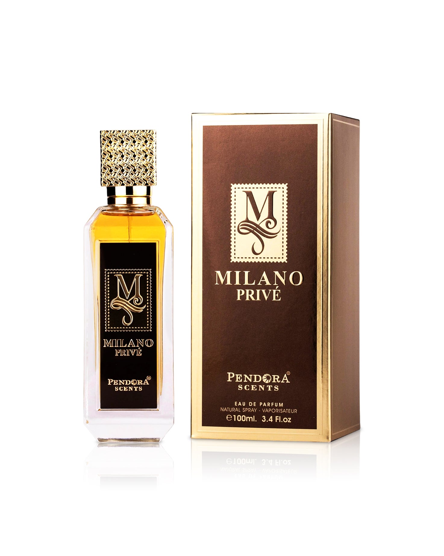 pendora scents milano prive perfume bottle shows beside its box against white background