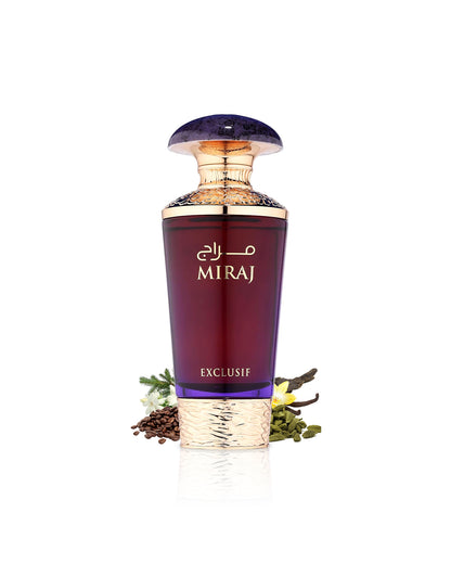 miraj exclusif perfume bottle surrounded with fragrance notes like coffee and cardamom shows from behind the bottle against white background