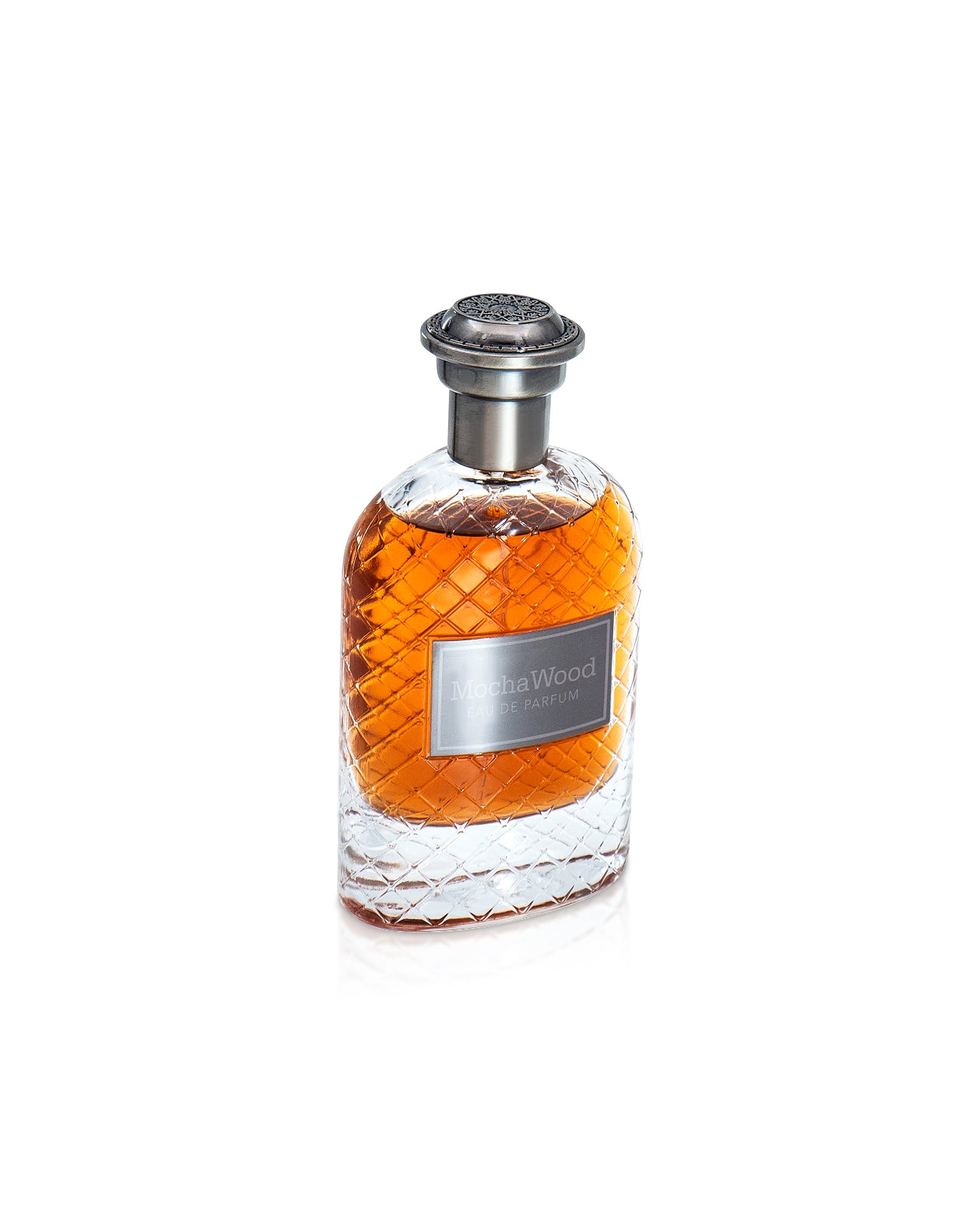 mocha wood perfume bottle shows against white background