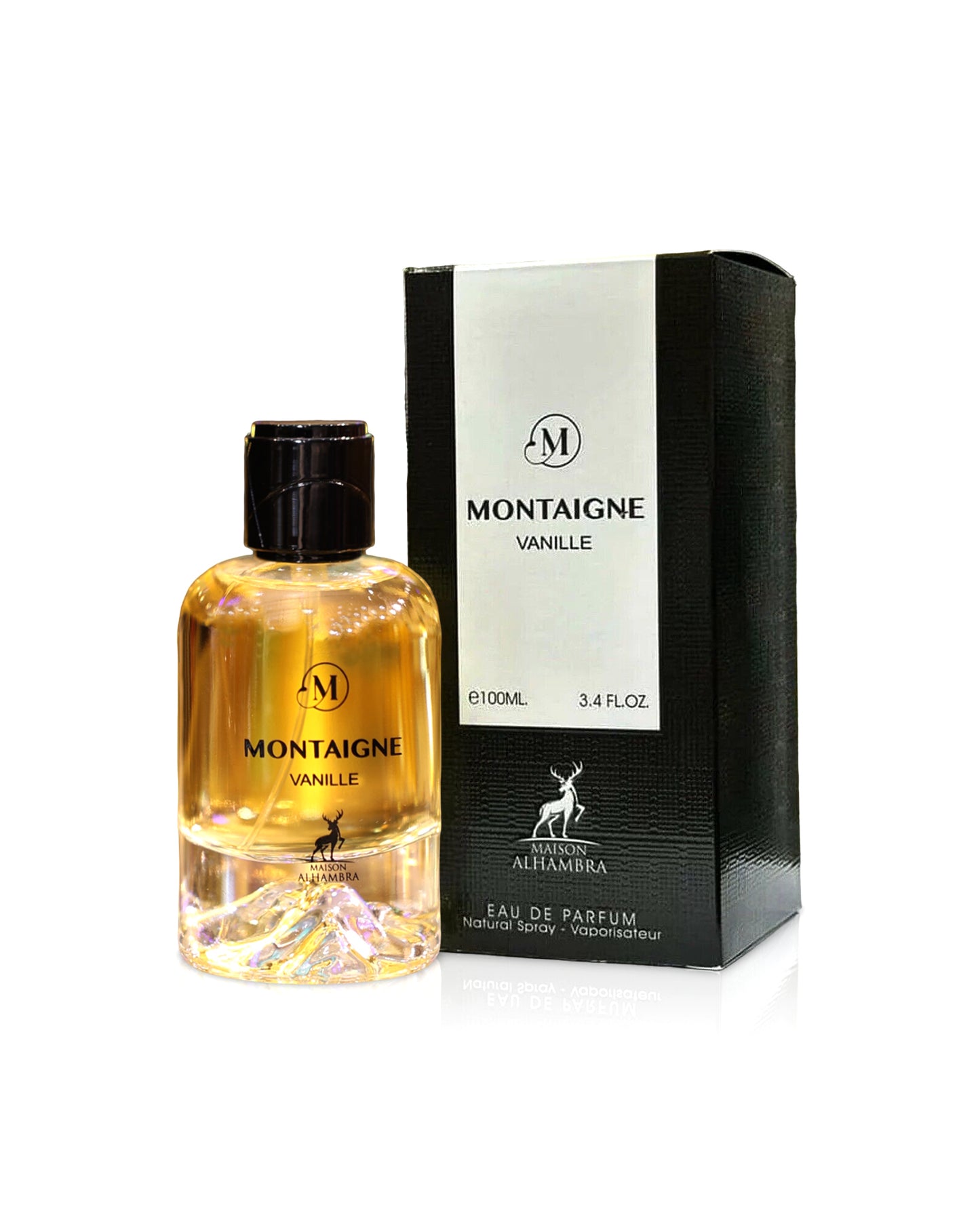 montaigne vanille by maison alhambra perfume bottle shows beside its box against white background