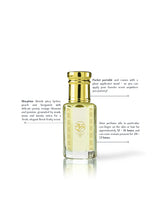 morphine perfume oil bottle with a gold cap and gold lettering on the glass, shown on a white background with descriptive text callouts.