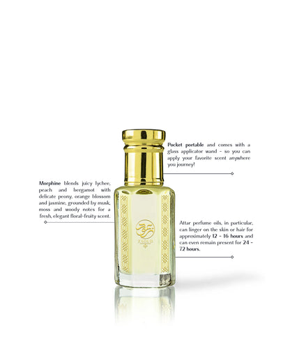 morphine perfume oil bottle with a gold cap and gold lettering on the glass, shown on a white background with descriptive text callouts.