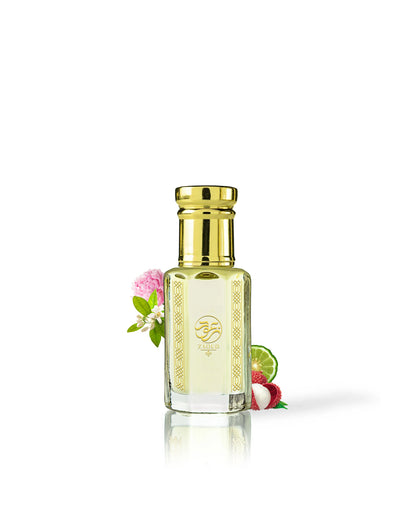 morphine perfume oil bottle surrounded with fragrance notes like litchie and peony shows against white background