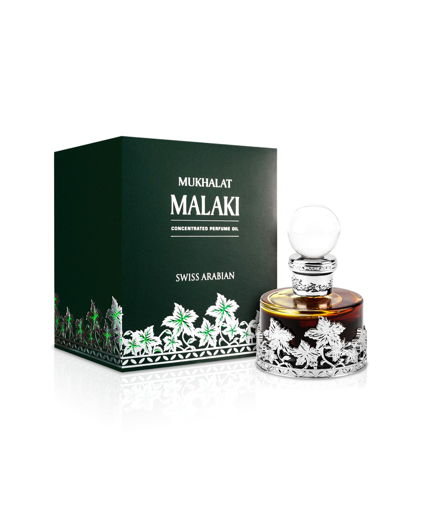 swiss arabian mukhalat malaki perfume oil bottle shows beside its box against white background