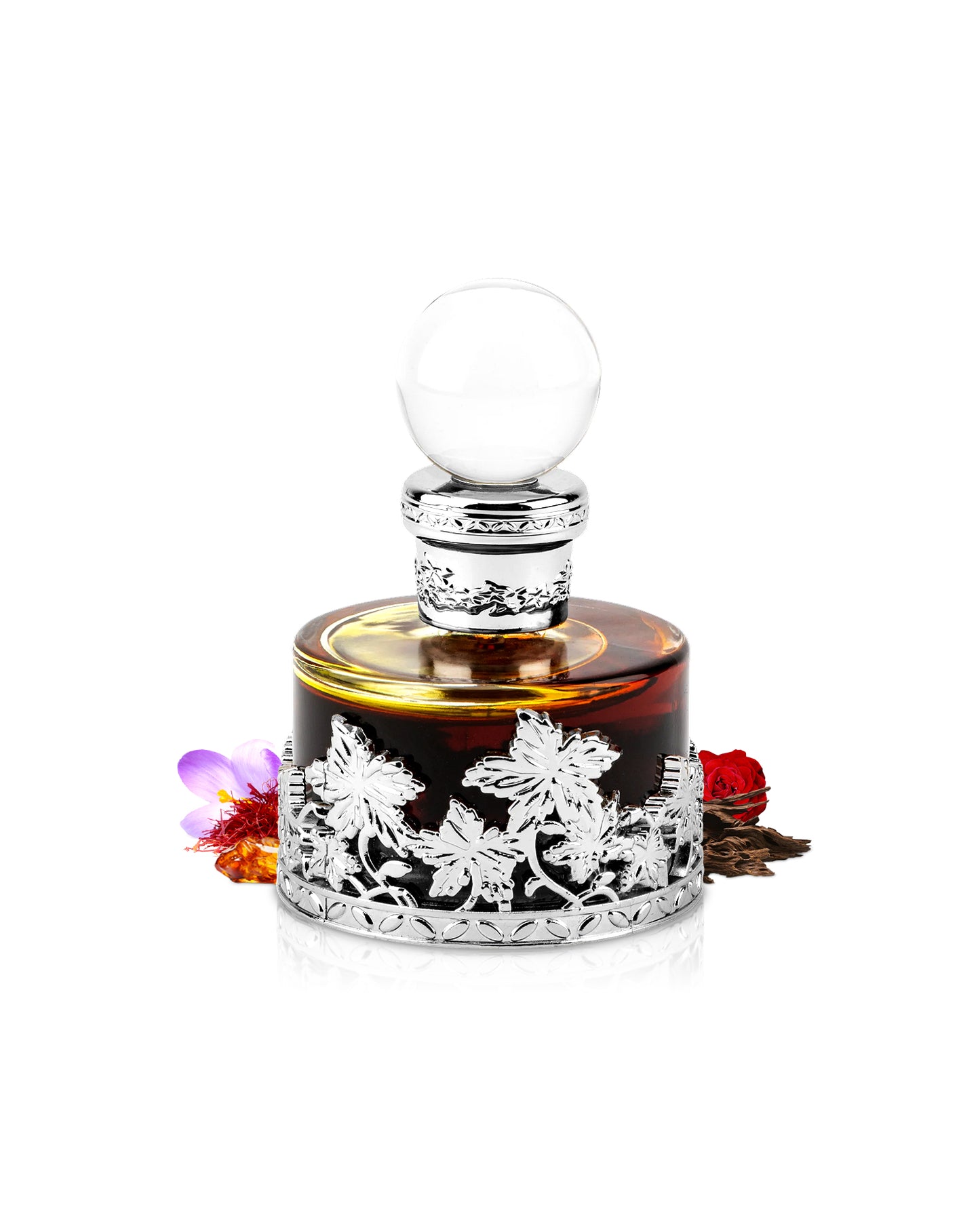 swiss arabian mukhalat malaki perfume oil bottle surrounded with its ingredients like rose and oud with many others like saffron shows from behind the bottle against white background