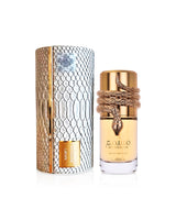 musamam white intense by lattafa perfume bottle shows beside its leather box against white background