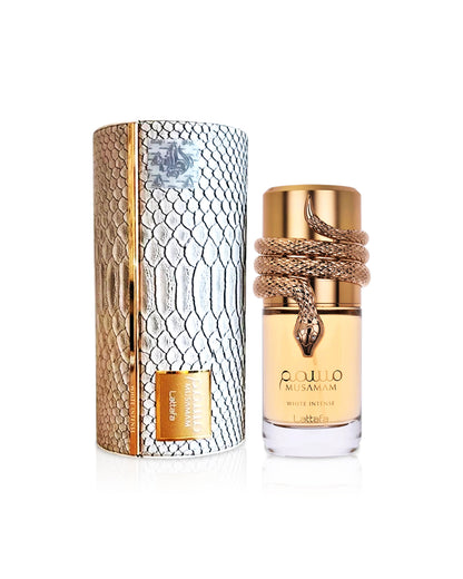 musamam white intense by lattafa perfume bottle shows beside its leather box against white background