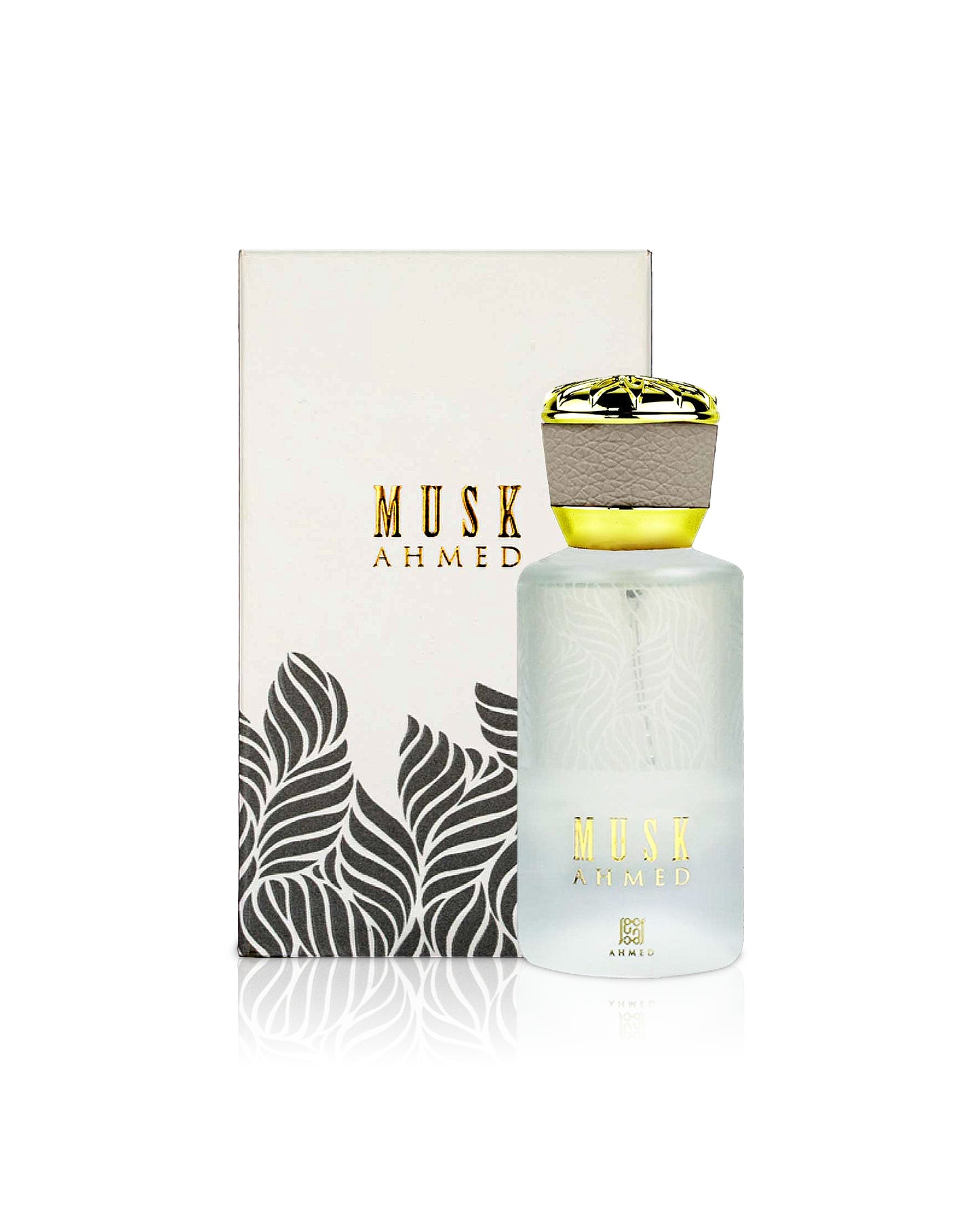 ahmed al maghribi musk ahmed perfume bottle shows beside its box against white background