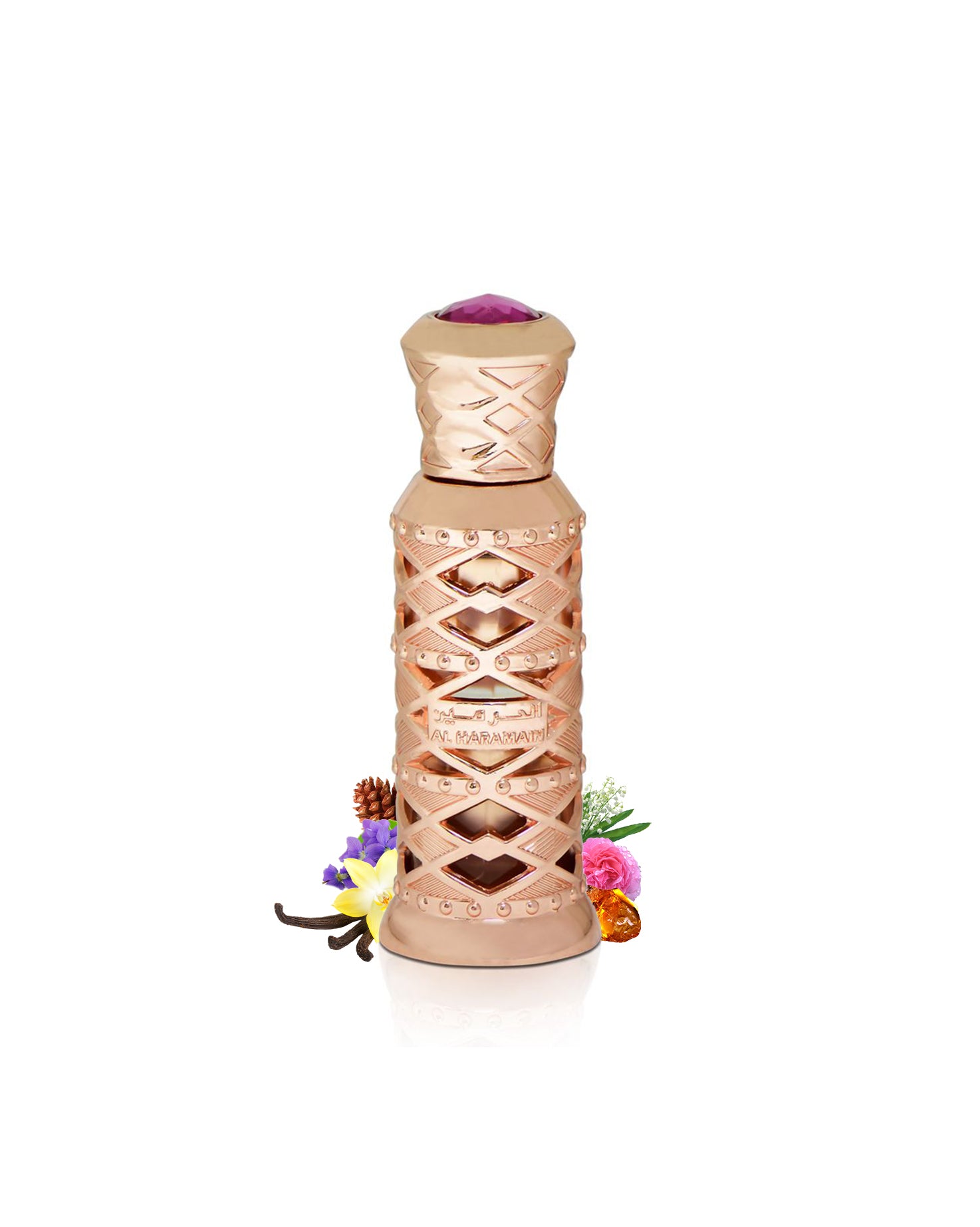 musk al haramain perfume oil bottle surrounded with fragrance notes like vanilla and amber shows against white background