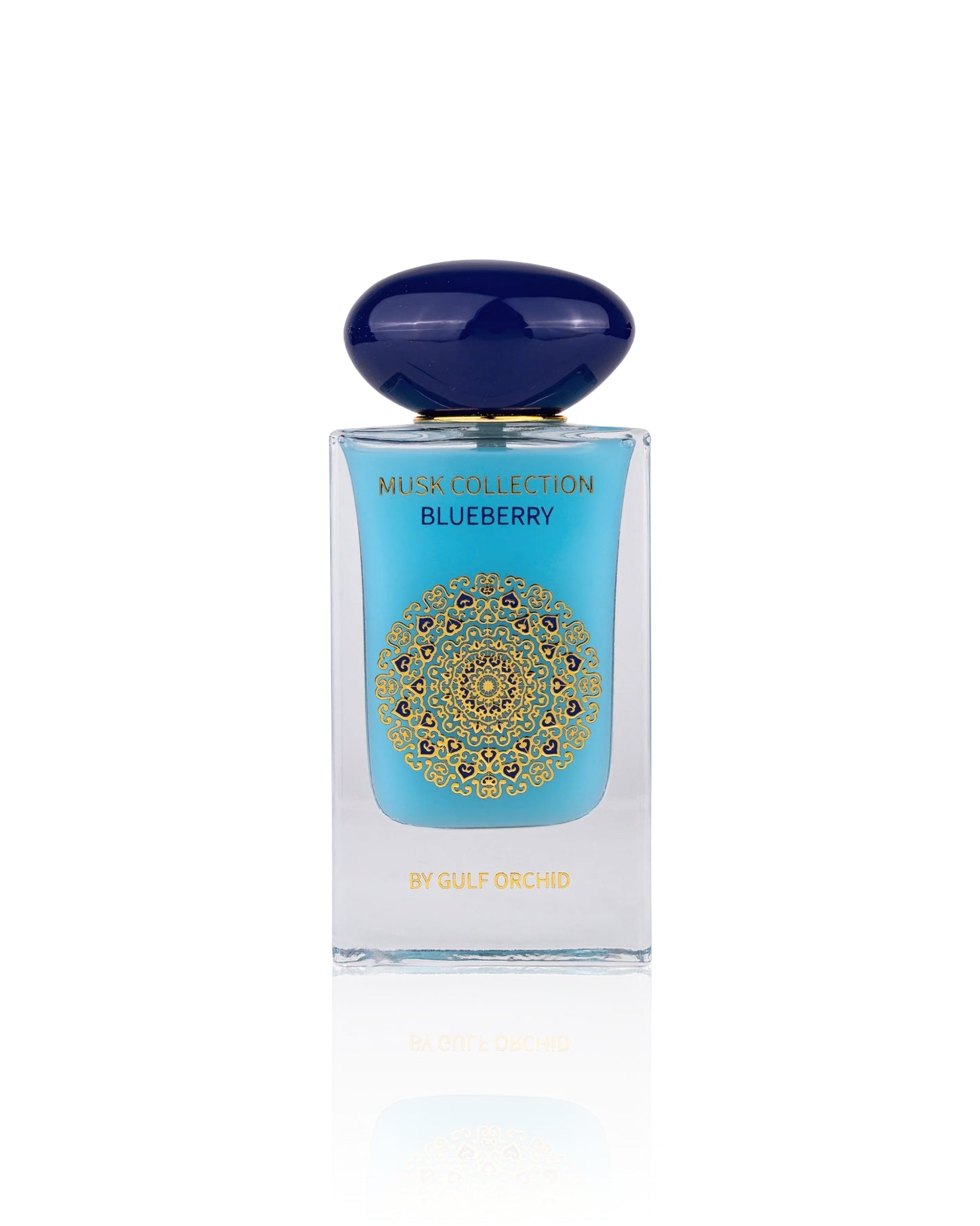 musk collection blueberry by gulf orchid perfume bottle shows against white background