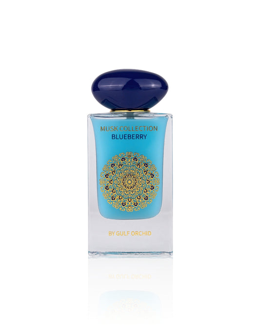 musk collection blueberry by gulf orchid perfume bottle shows against white background