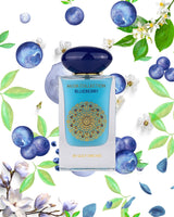 musk-collection-blueberry by gulf orchid perfume bottle photograph between fallen blueberries and flowers