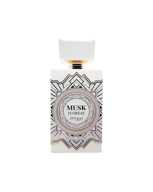 musk is great extrait de parfum by zimaya perfume bottle shows against white background