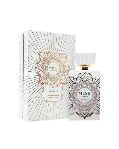 musk is great extrait de parfum by zimaya perfume bottle shows beside its box against white background