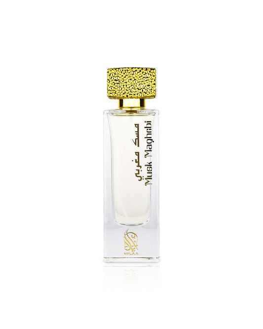 nylaa musk maghribi perfume bottle shows against white background