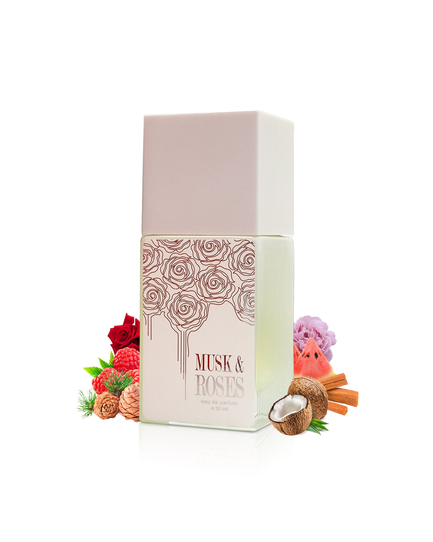 AHMED AL MAGHRIBI musk roses perfume bottle SURROUNDED WITH fragrance notes like roses and musk shows against white background