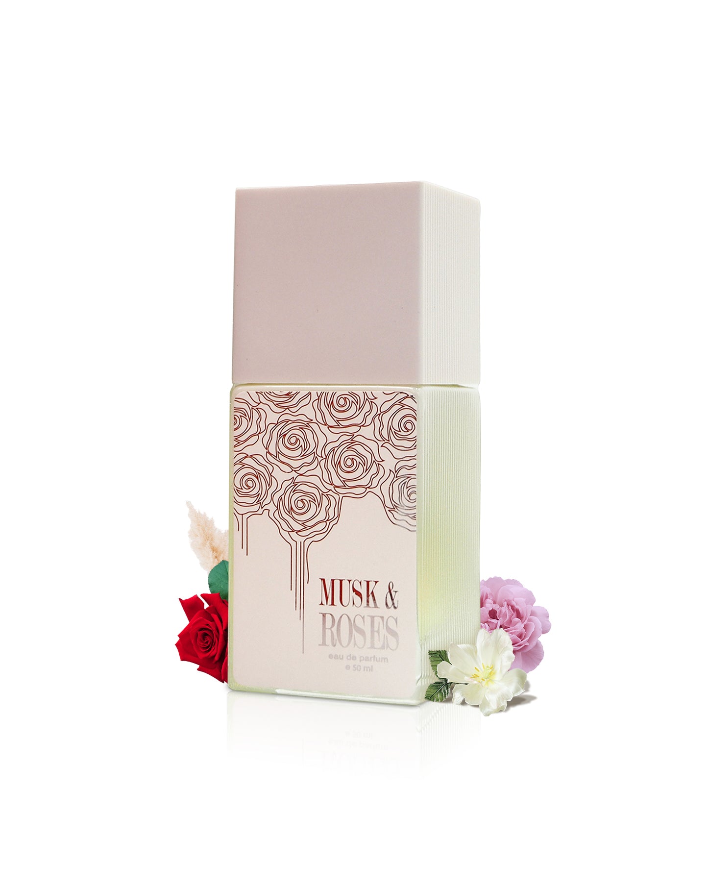 AHMED AL MAGHRIBI musk roses perfume bottle SURROUNDED WITH fragrance notes like roses and musk shows against white background